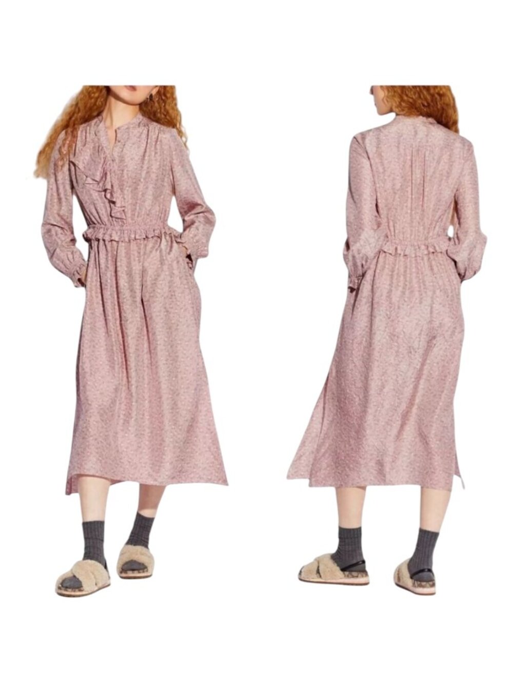 Coach Dress Women 10 Pink Silk Floral Ruffle Front Midi Boho Prairiecore Preppy - Picture 1 of 15